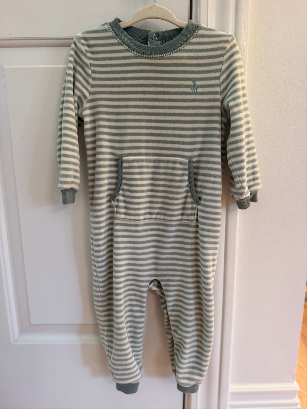 Ralph Lauren Sage and Cream Striped Long-Sleeve Baby Velour One-Piece